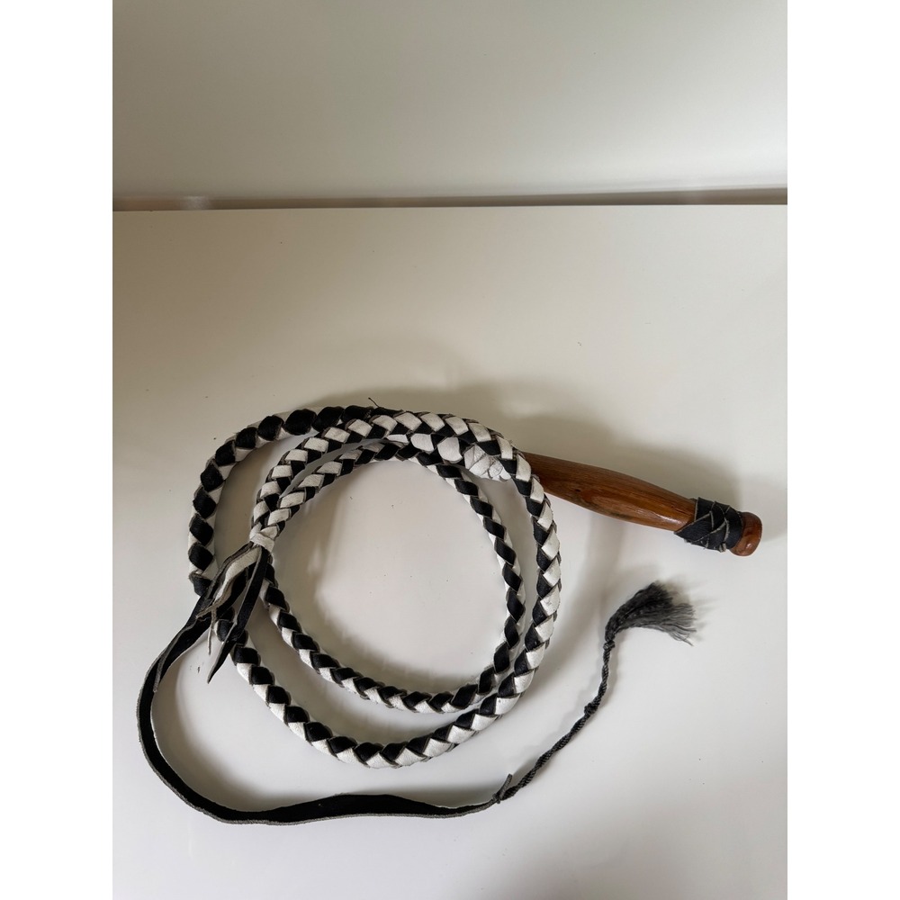Vintage 6 Foot Braided Leather Bullwhip Black White Wooden Handle Western Ranch